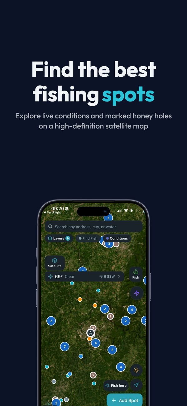 Find the best fishing spots: explore live conditions and marked honey holes on a high-definition satellite map