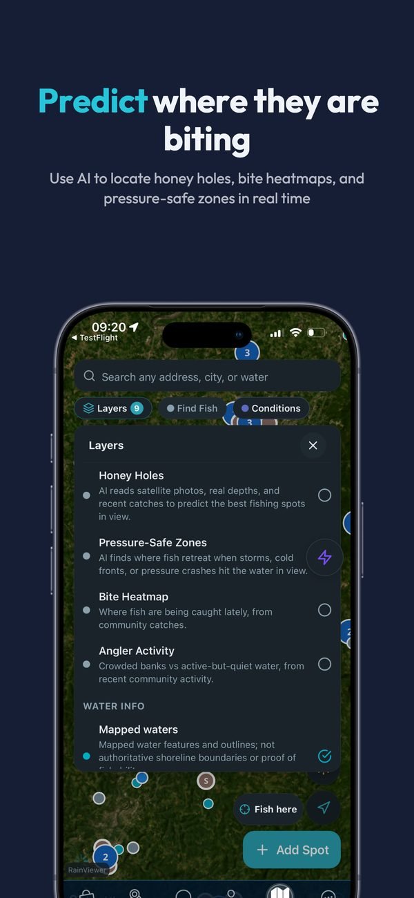 Predict where they are biting: use AI to locate honey holes, bite heatmaps, and pressure-safe zones in real time