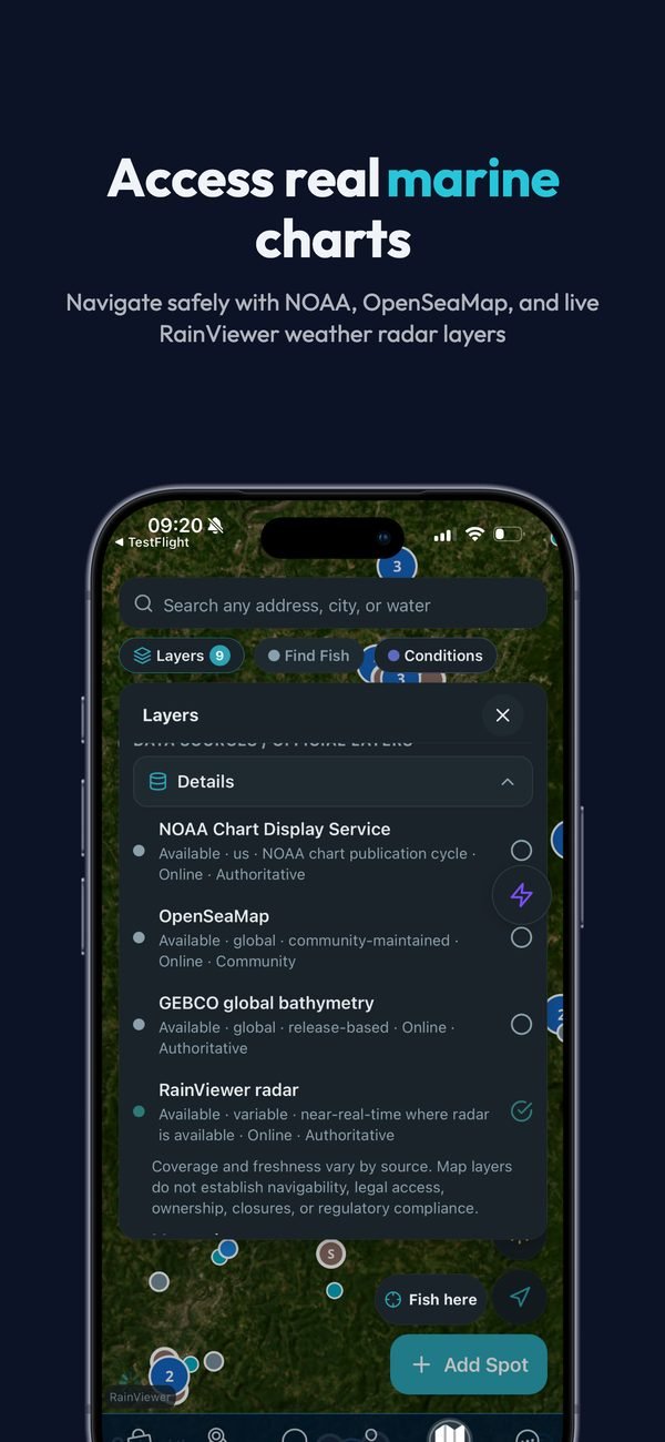 Access real marine charts: navigate safely with NOAA, OpenSeaMap, and live RainViewer weather radar layers