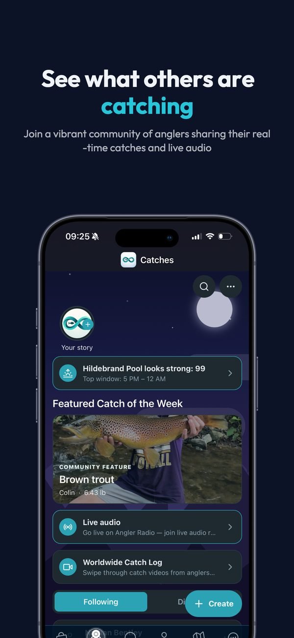 See what others are catching: join a community of anglers sharing their real-time catches and live audio